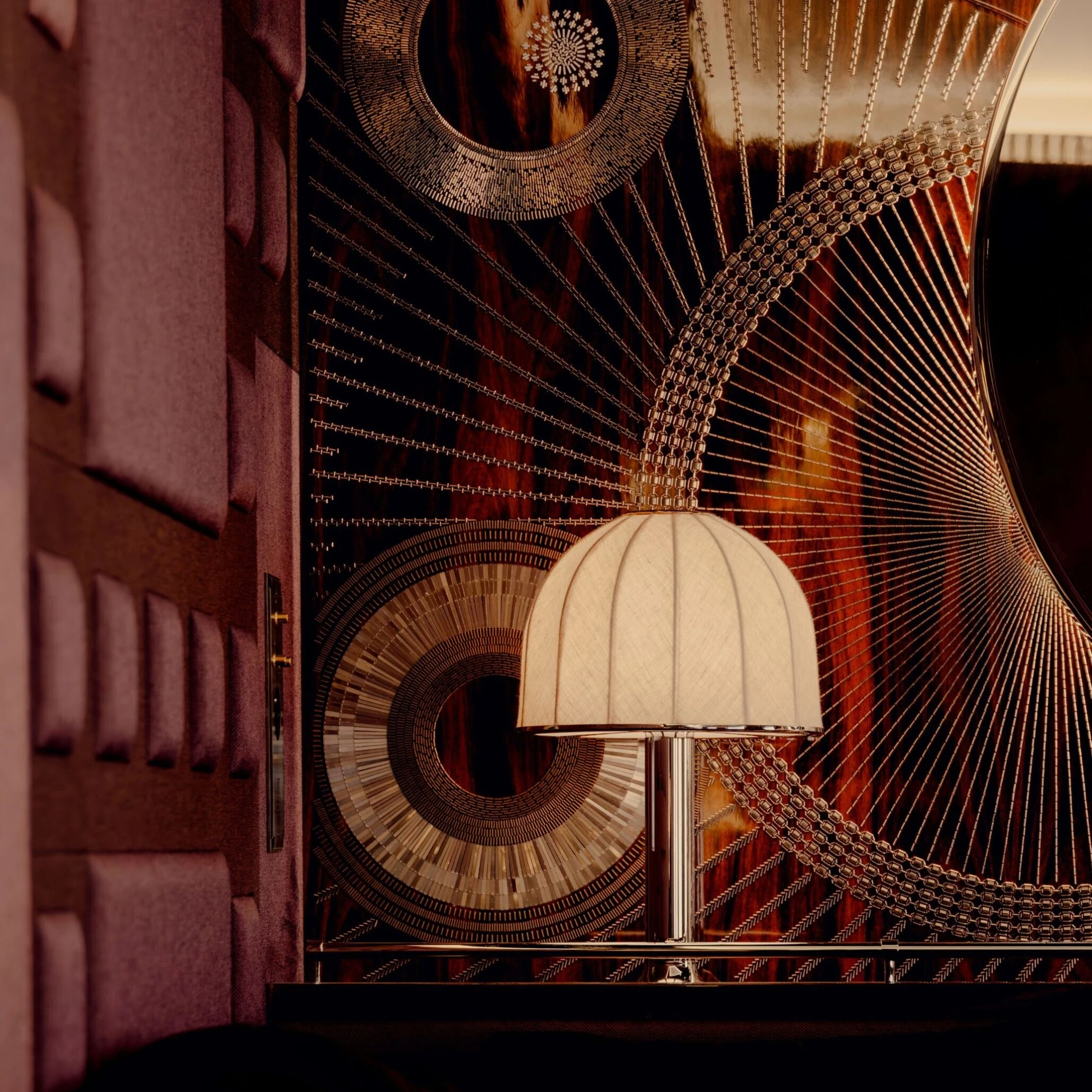 A sumptuously-reimagined luxury suite inside an Orient Express carriage with rich fabrics and elegant lighting.