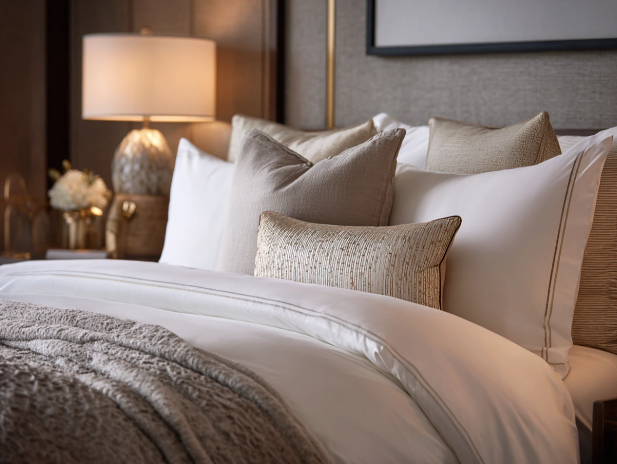 Close-up of crisp white hotel linens and multiple plush pillows on a bed.