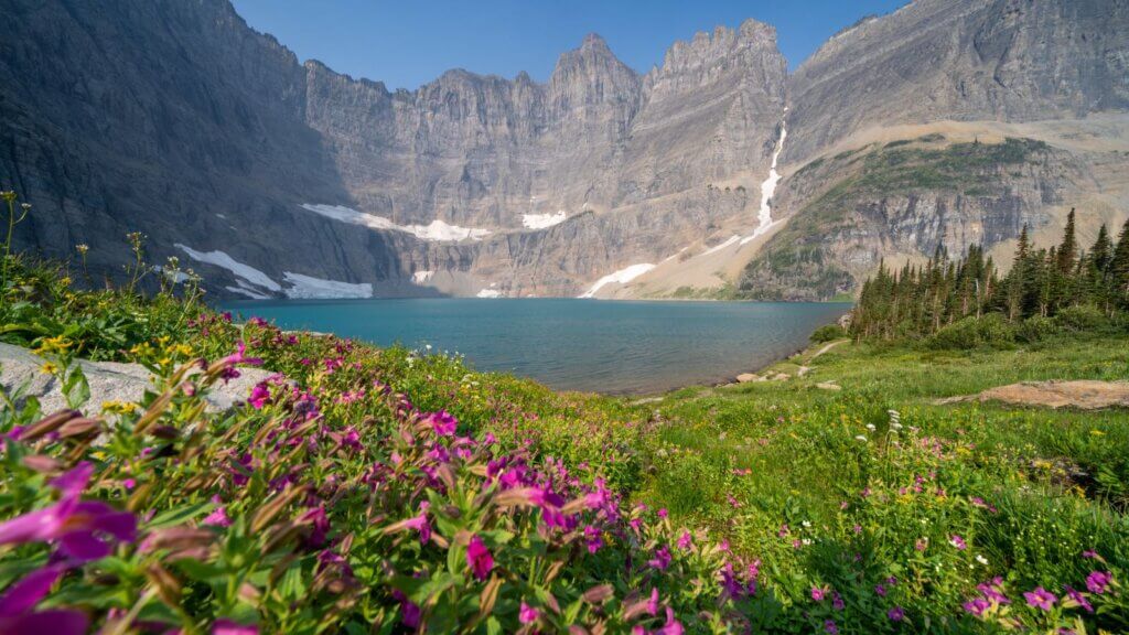 Iceberg Lake with floating chunks of ice surrounded by the vertical Ptarmigan Wall.
