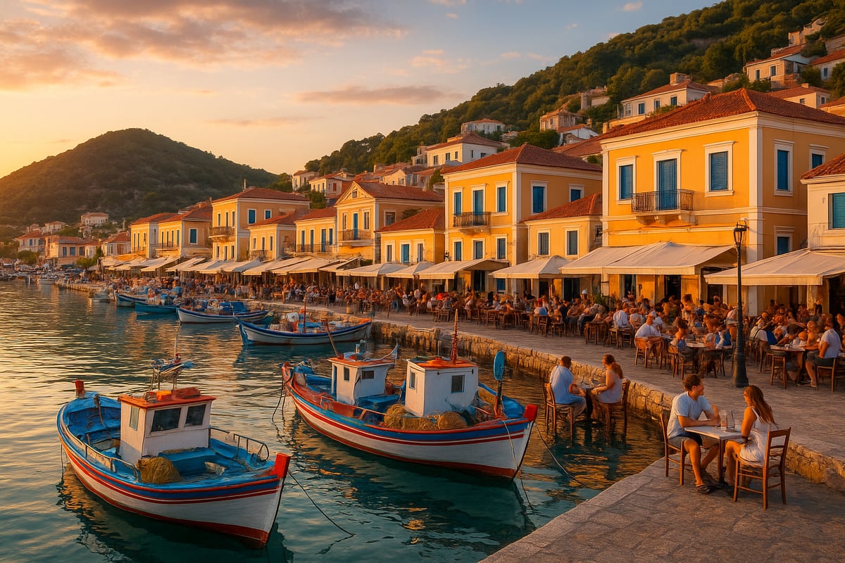 Close-up of vibrant Greek island architecture with colorful doors and windows by the water.