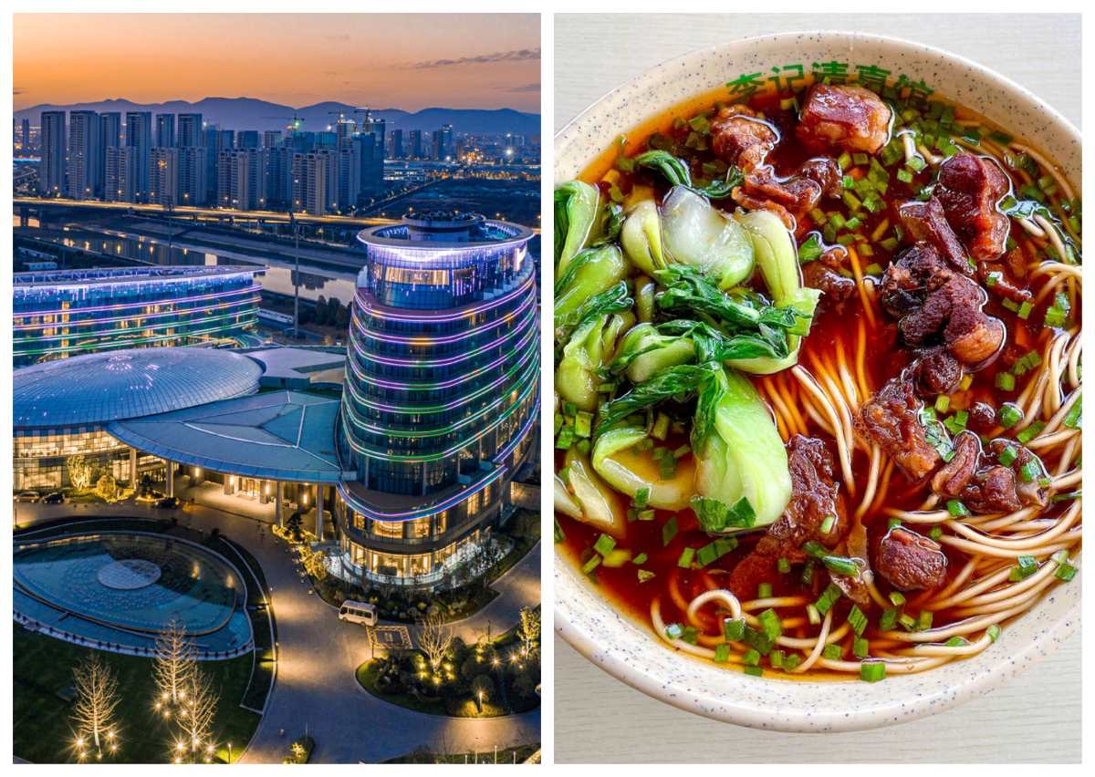 Modern architecture and waterfront structures in an East Asian province.