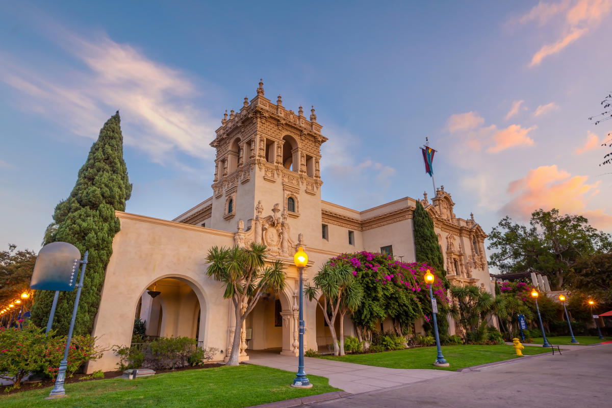 Ornate Spanish-Revival architecture and lush gardens in San Diego's Balboa Park.