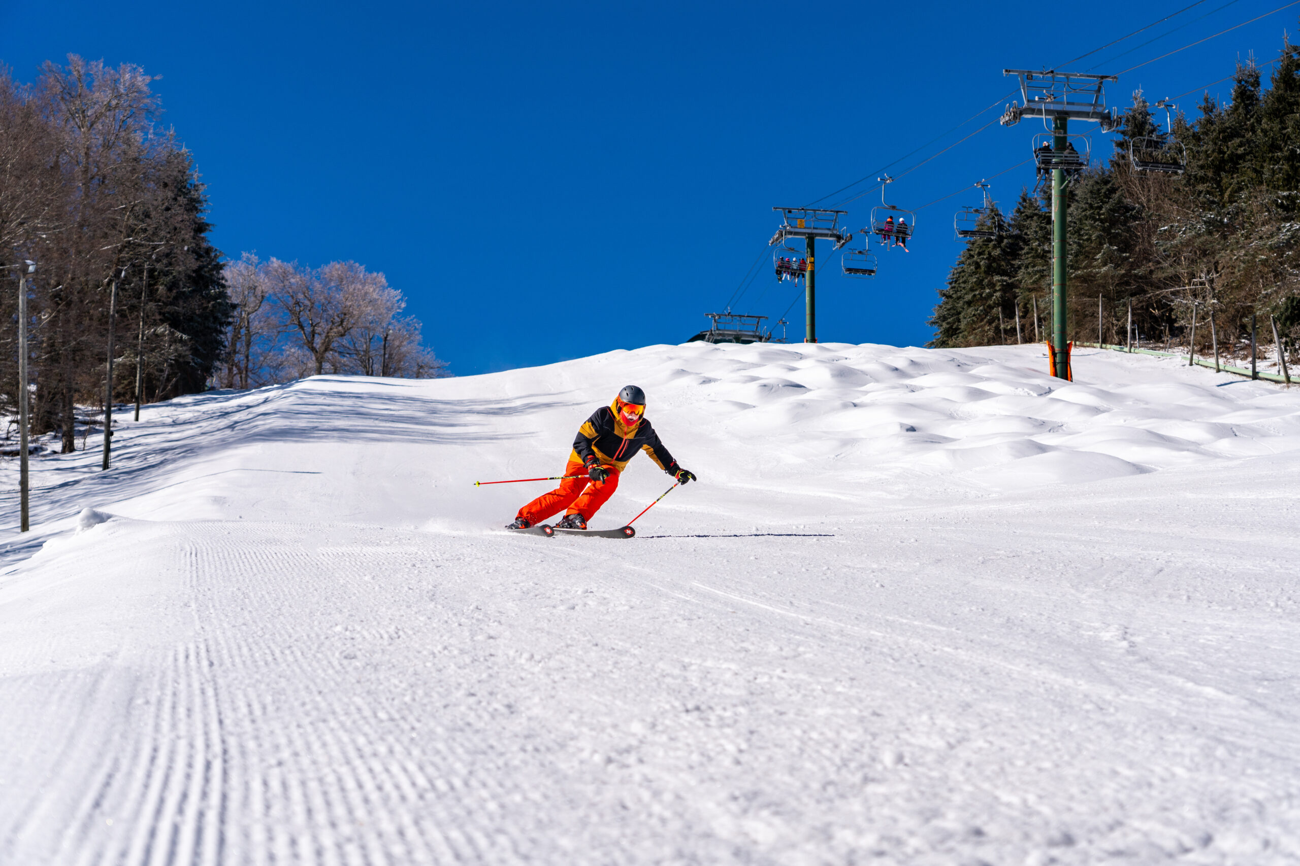 Wide view of wide, snowy ski trails winding through evergreen trees at Belleayre Mountain.