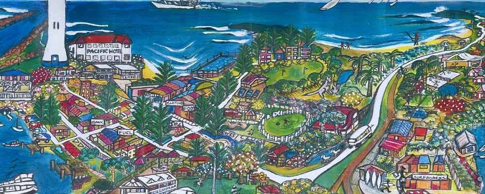 A colorful tourist map of Yamba showing beaches, river points, and local attractions.