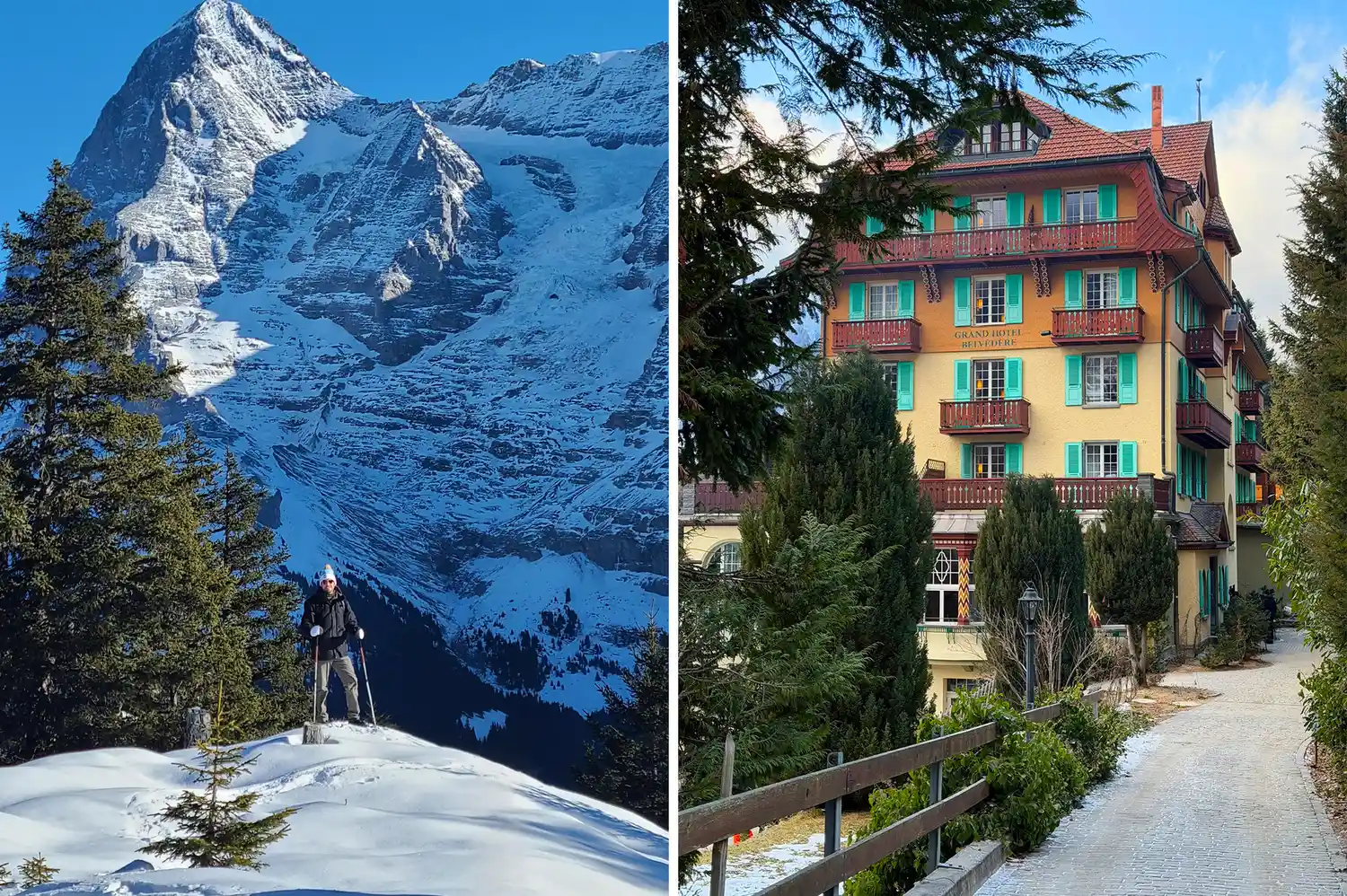 A split image showing a snowy slope with a skier and a traditional Swiss alpine building nestled in a wooded area.