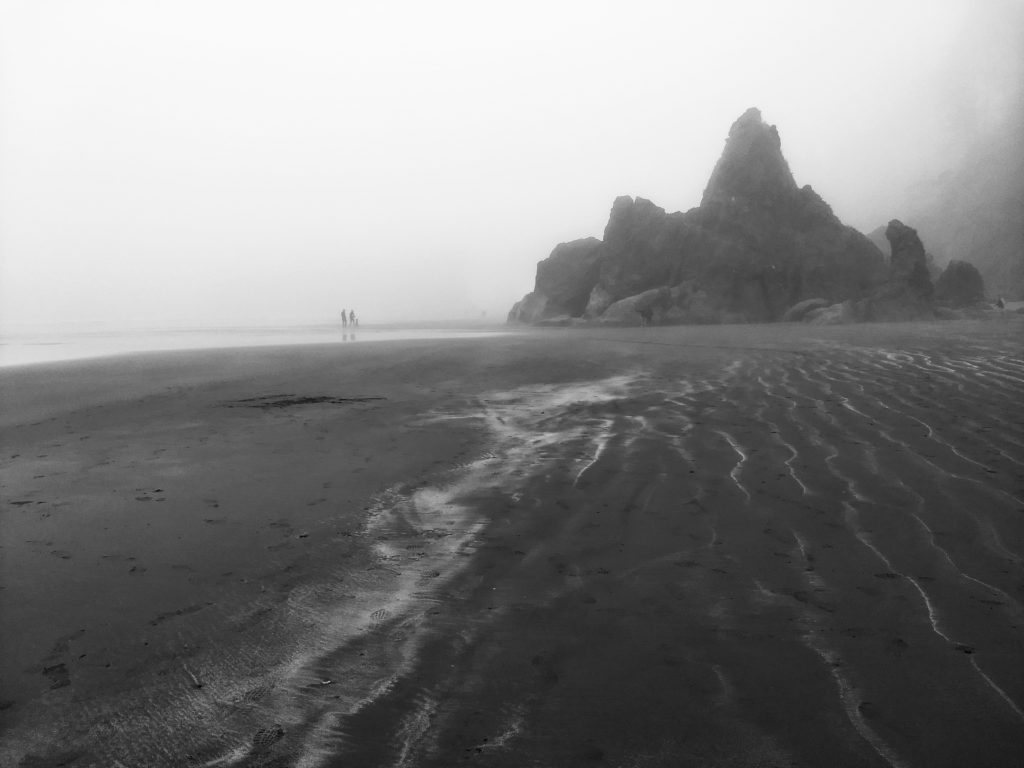A foggy coastal view of Ruby Beach featuring jagged sea stacks and driftwood.