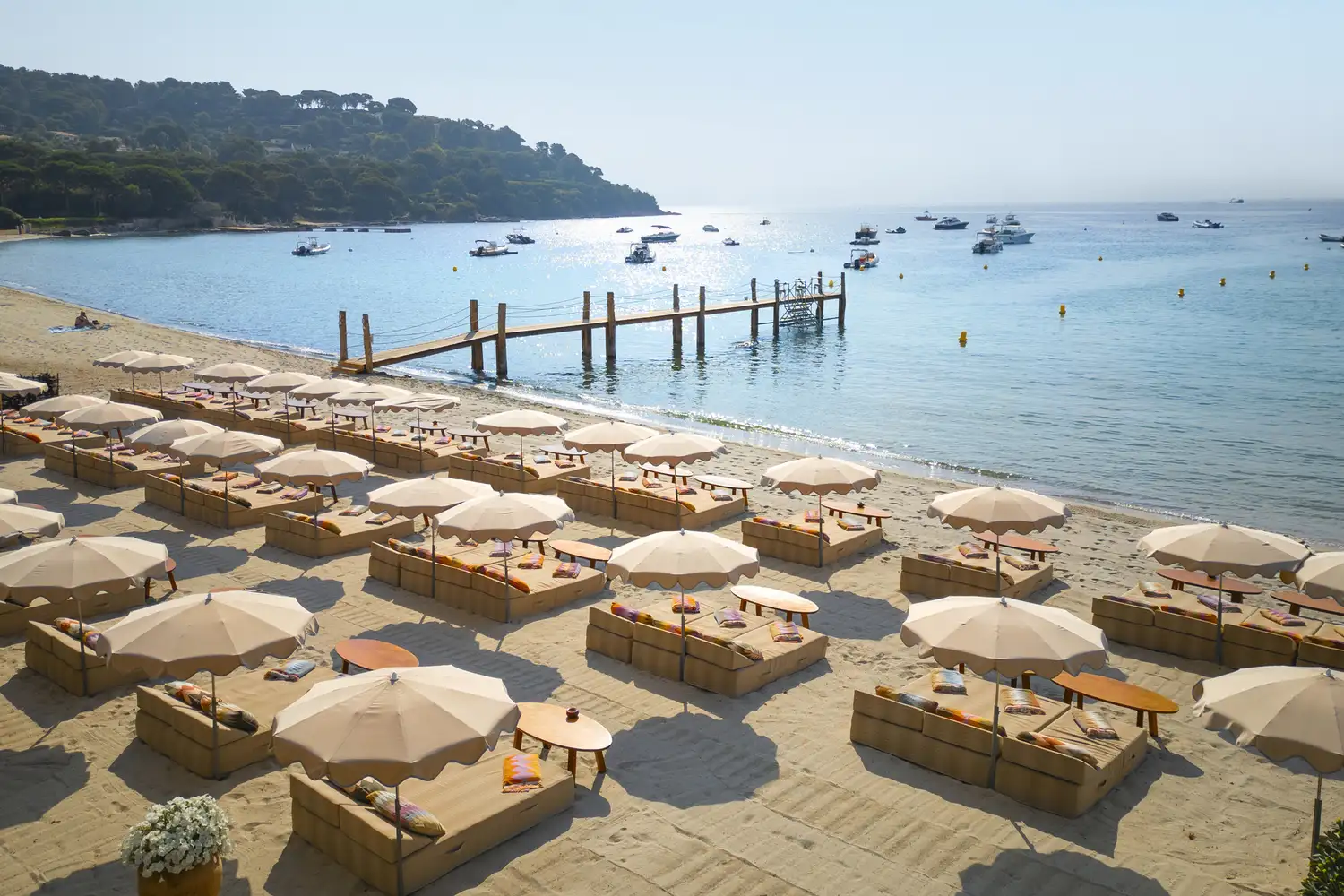 A private beach club with rows of blue and white parasols on the sand by the ocean.