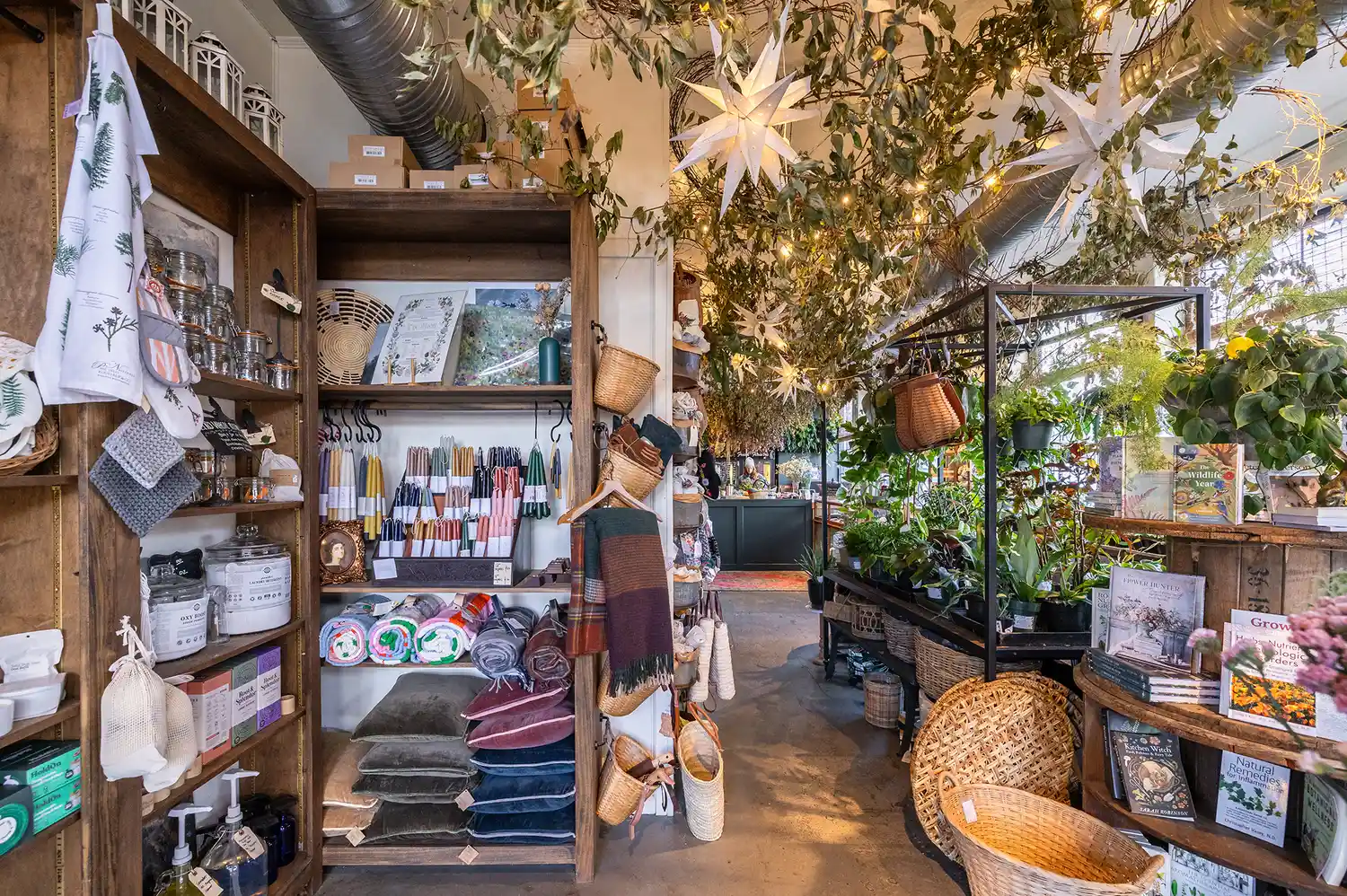 Interior of a boutique shop filled with woven baskets, potted plants, and various curated gift items.