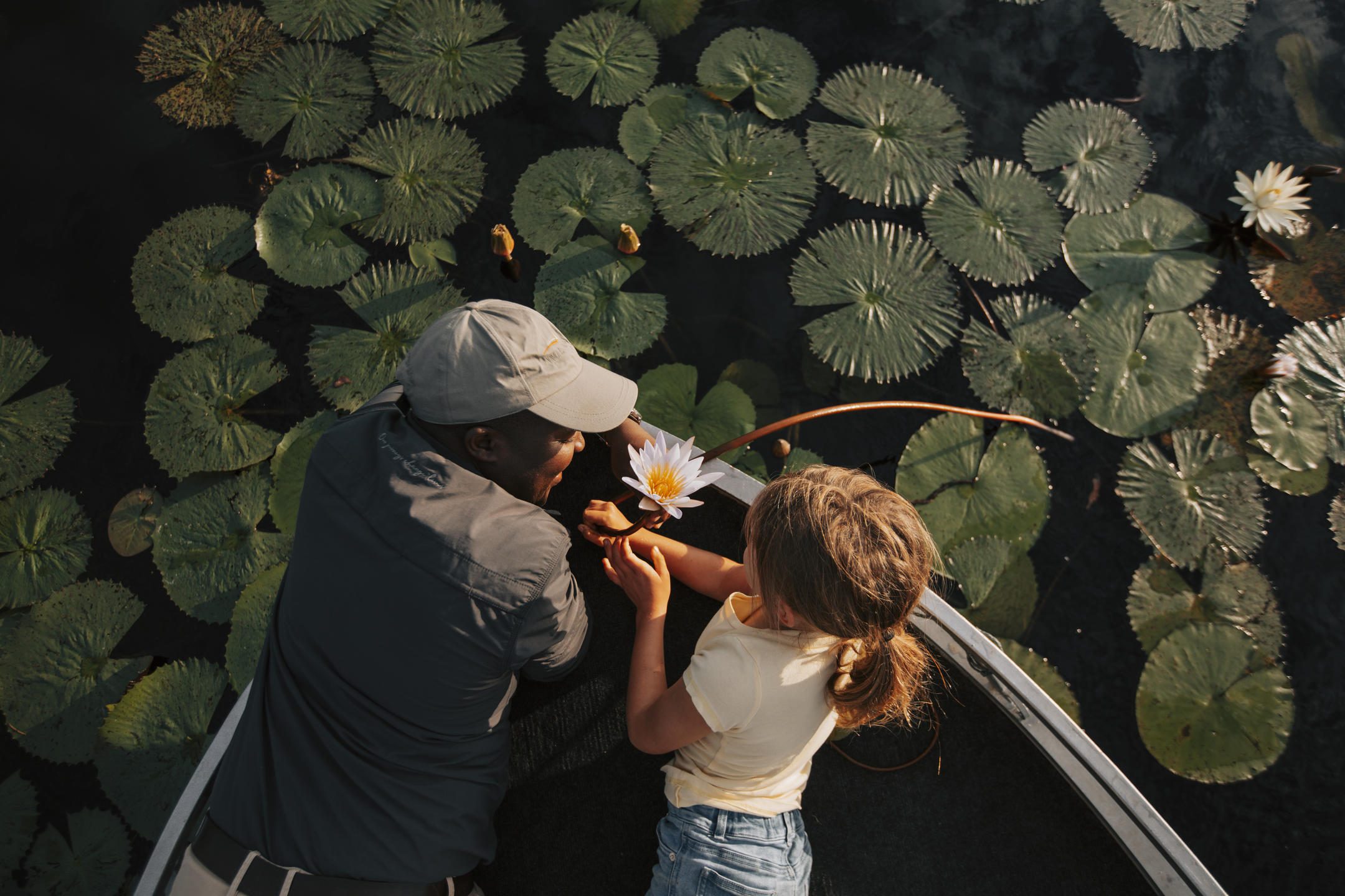 A family taking a boat safari through the reeds of the Okavango Delta.
