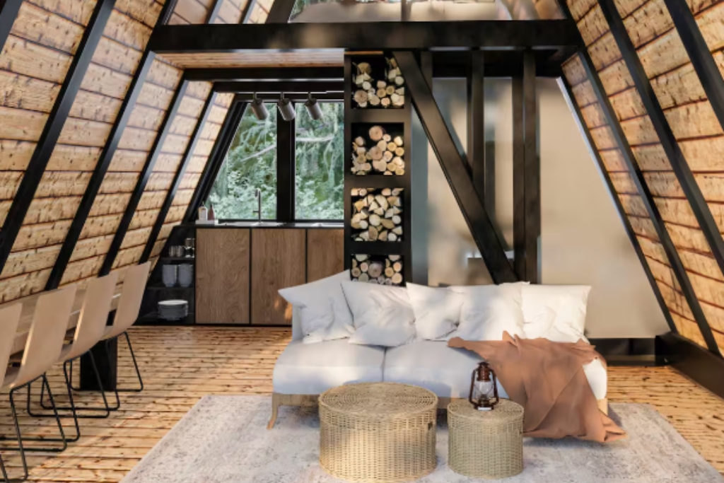 Warm interior of a wooden A-frame treehouse with large windows looking out into a forest.
