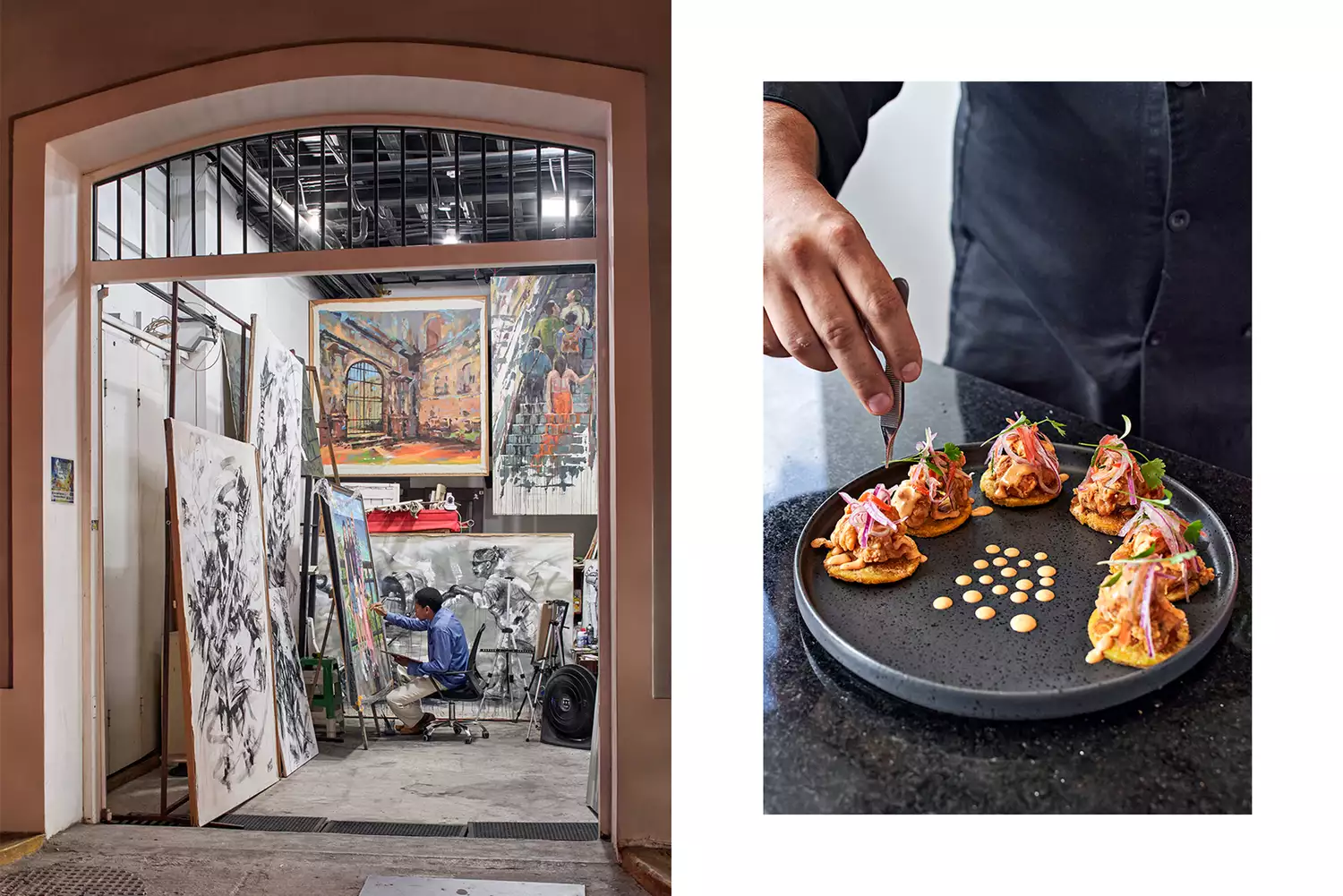 An artist at work in a studio and a gourmet plated dish at a Panama City restaurant.