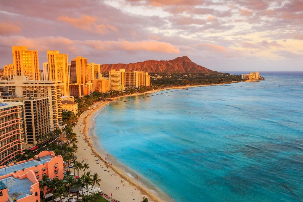 Aerial view of the Diamond Head volcanic tuff cone on the coast of Oahu.