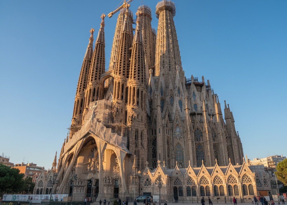 View of the Sagrada Família towers rising above Barcelona city during the day.