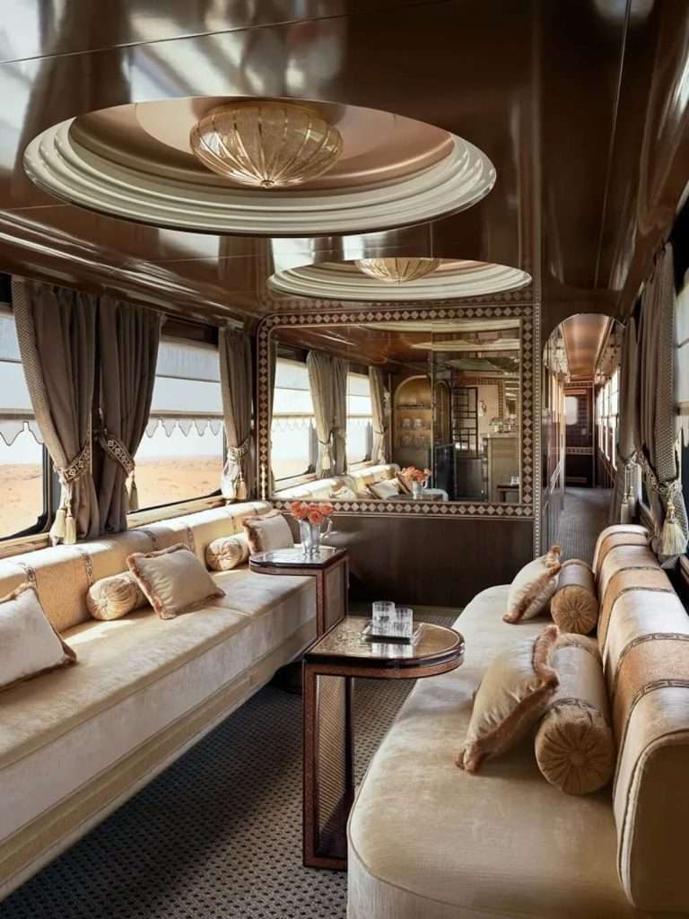Exterior shot of the Dream of the Desert luxury train designed for Saudi Arabian landscapes.