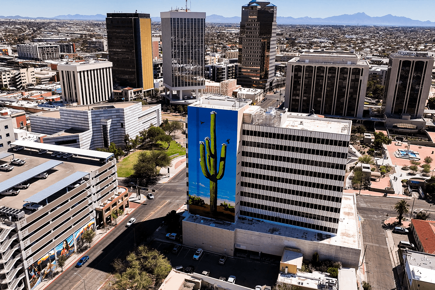 Aerial view of a rugged desert landscape with mountains in Tucson, Arizona.