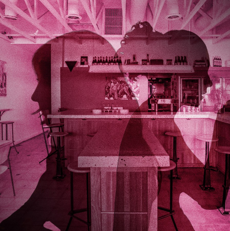 Stylized pink illustration of the interior of The Ruby Fruit wine bar.