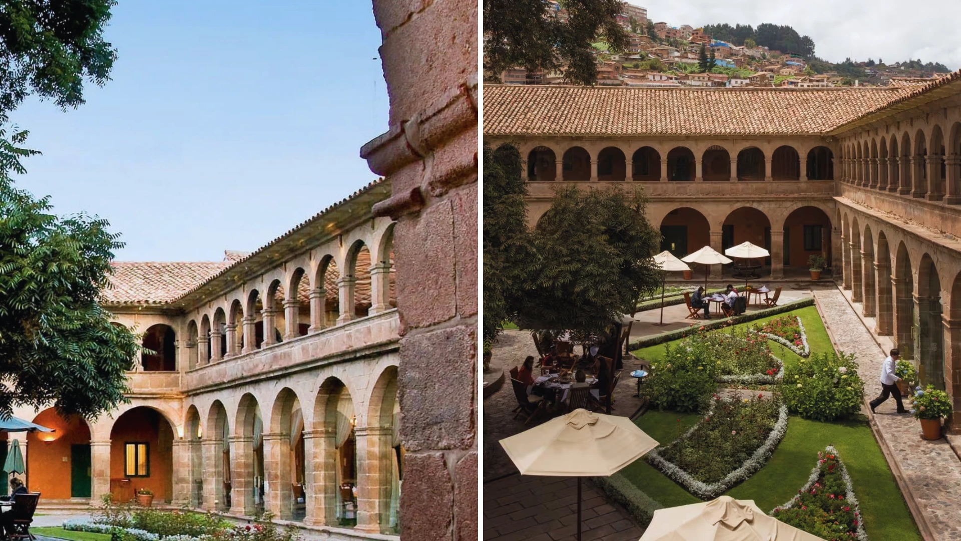 Historic stone arches and colonial-style walkways at the Monasterio Hotel.