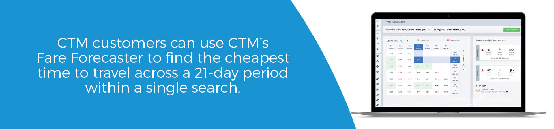 A digital fare forecasting tool displaying the cheapest dates to fly on a calendar view.