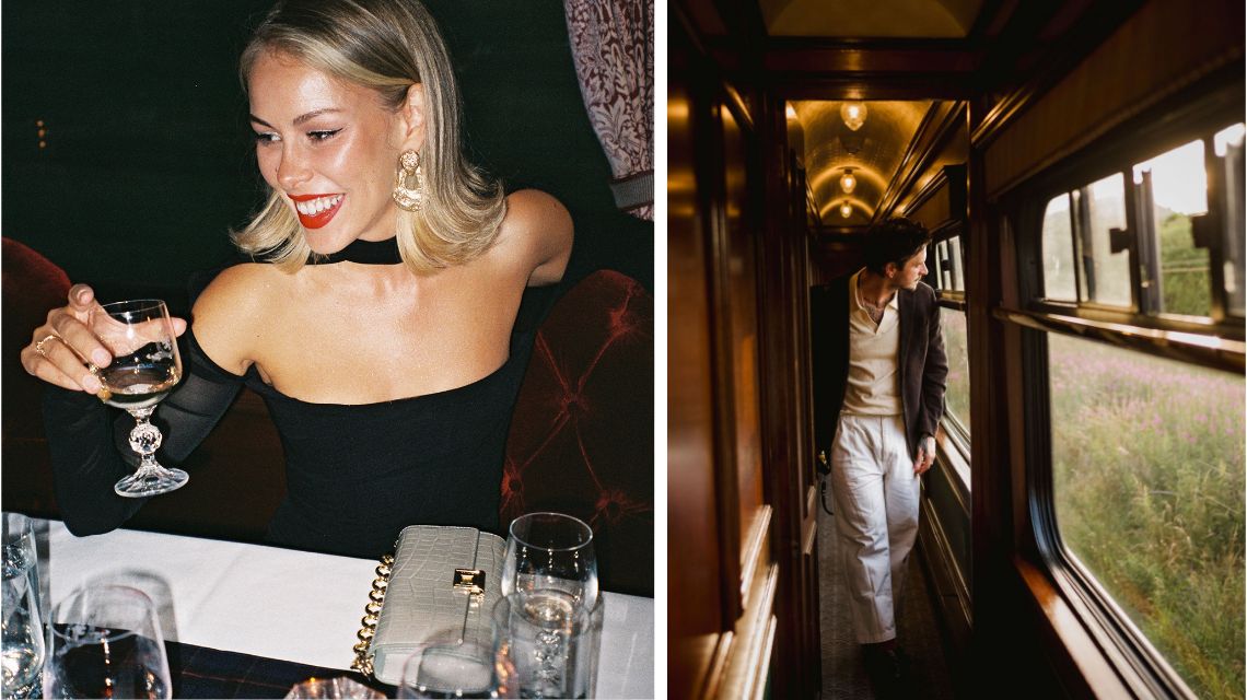 A cozy and sophisticated sleeper train cabin with premium bedding.