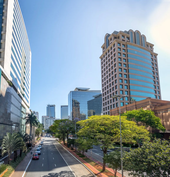 Wide-angle view of the São Paulo business district skyline with dense skyscrapers.