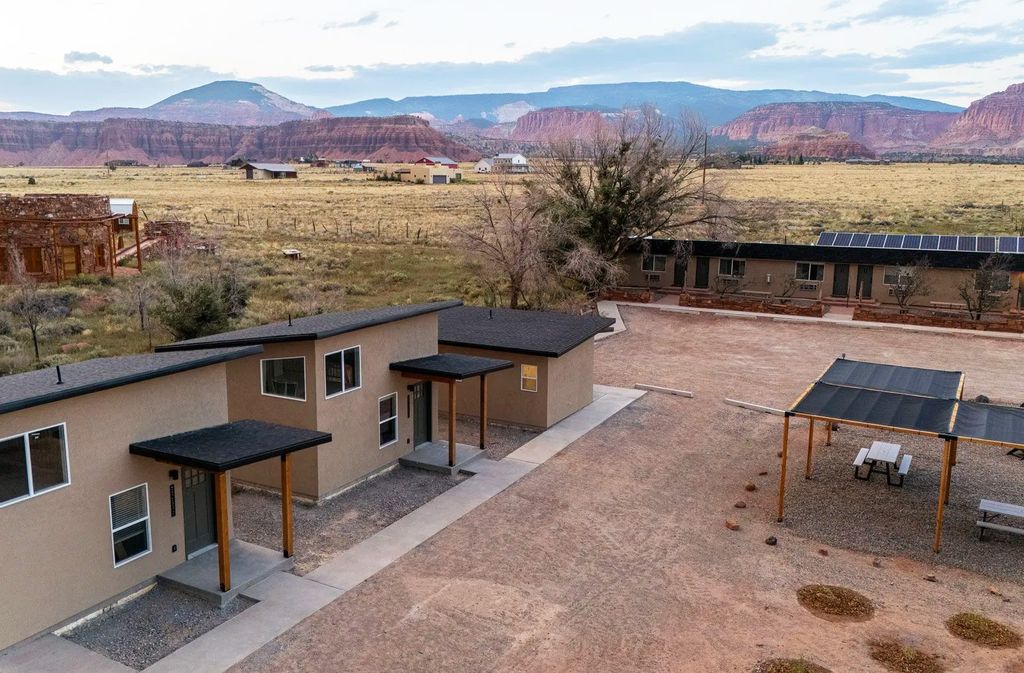 Exterior view of the two-story tiny homes at Casitas at Capitol Reef.