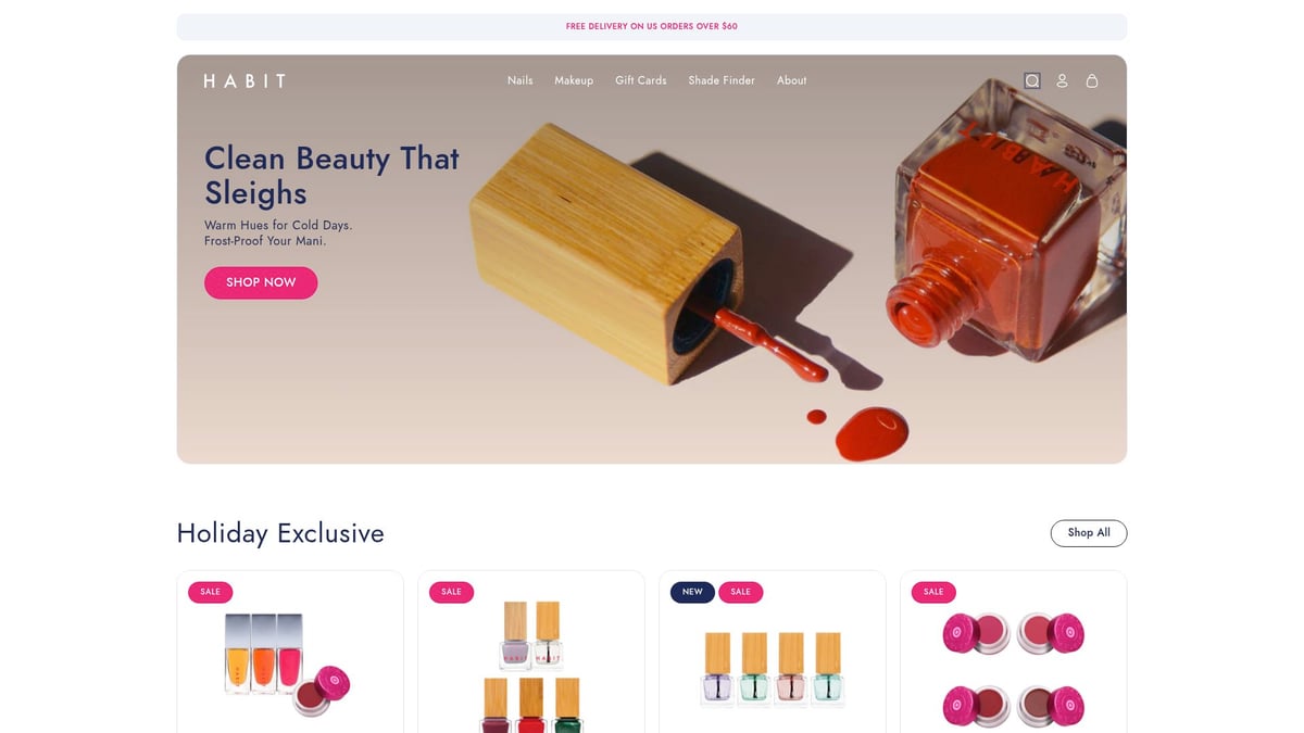 A selection of Habit Cosmetics sustainable nail and color products in minimalist packaging.