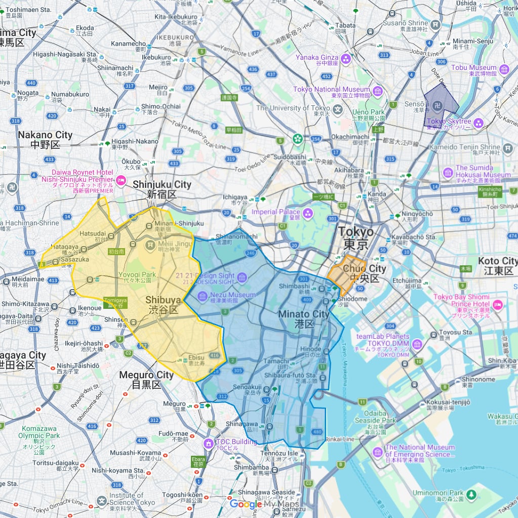 A visual map highlighting recommended Tokyo neighborhoods including Shibuya, Asakusa, Roppongi, and Ginza.