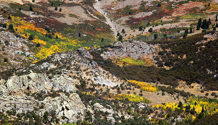 Large granite rock outcroppings in a desert valley under a blue sky.