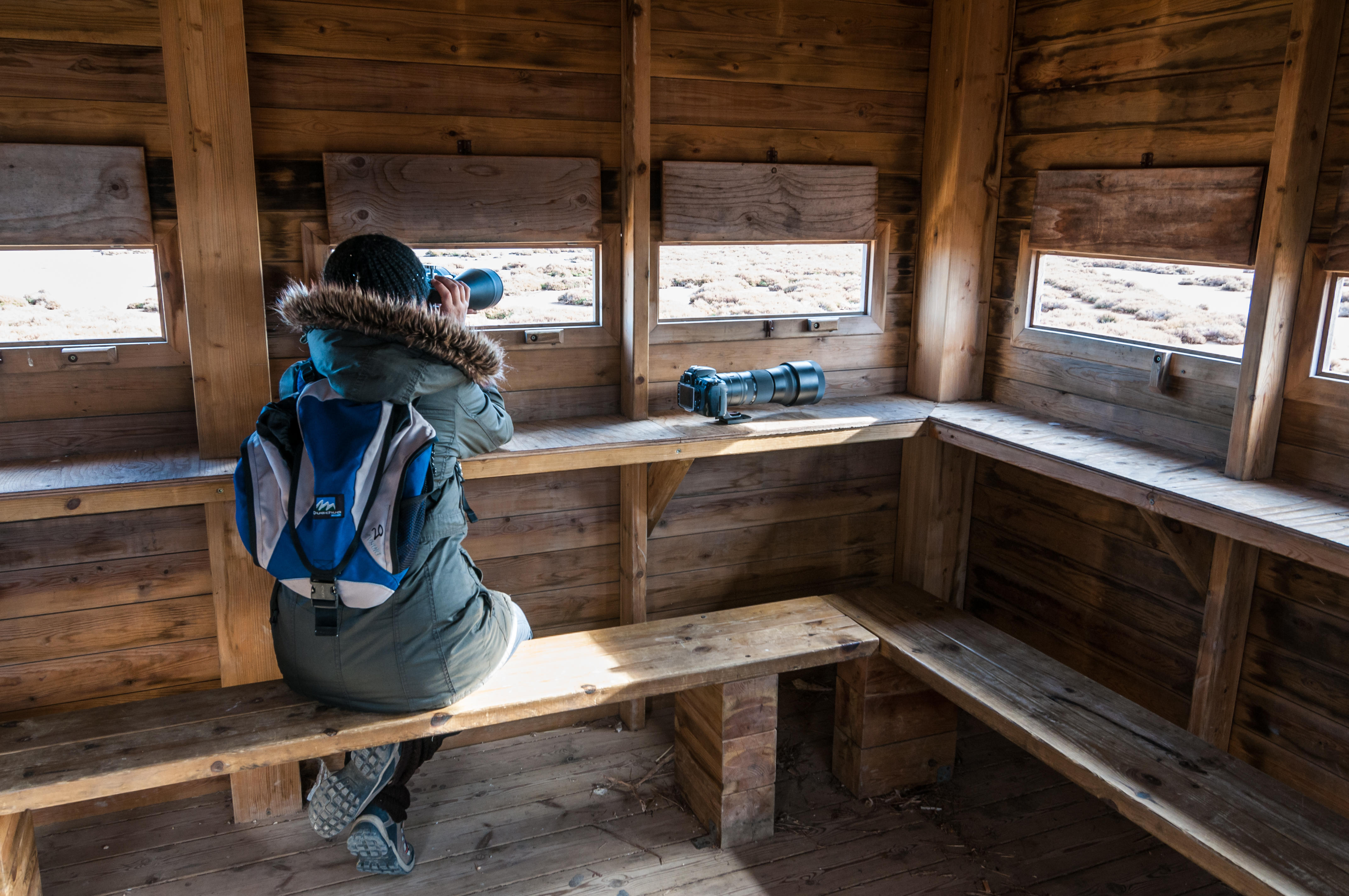 A woman stands in an elevated wooden bird watching tower looking out over the Spanish countryside with binoculars.
