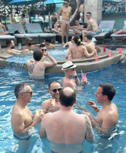 A colorful promotional collage for gay events and festivals in Puerto Vallarta.