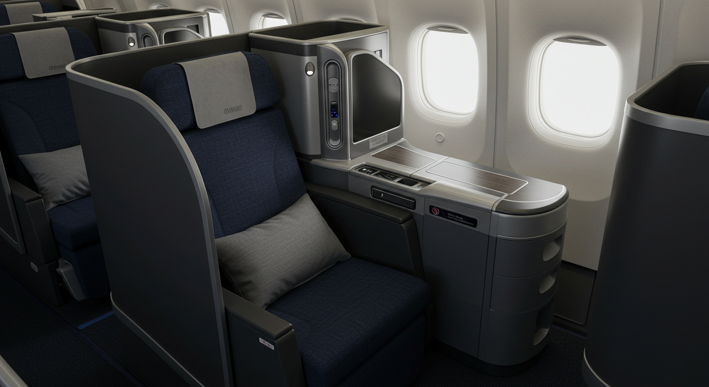 A United Polaris business class seat featuring a large privacy shell.