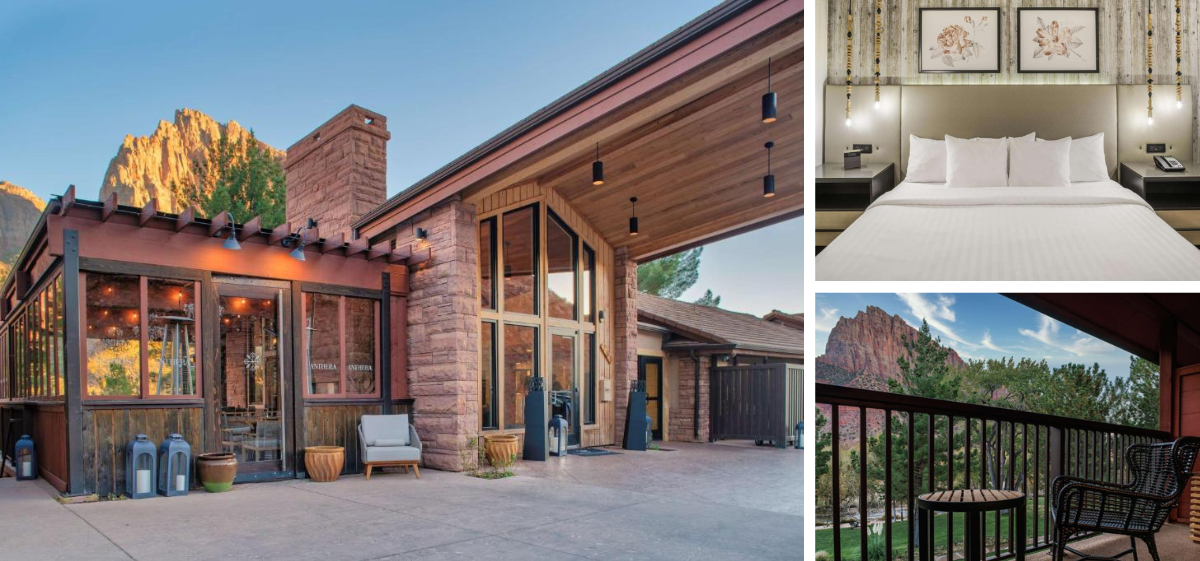 Exterior view of the Cliffrose Springdale hotel with manicured grounds and mountain backdrops.