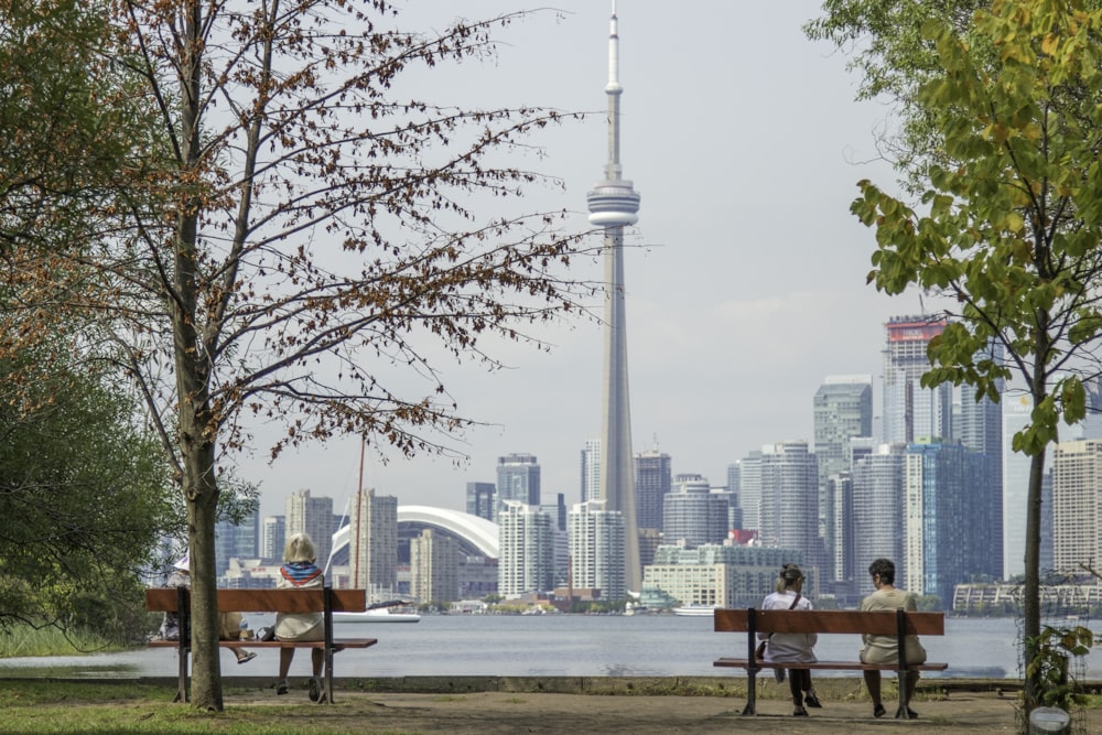 Aerial or waterfront view of Billy Bishop Toronto City Airport with the city skyline.
