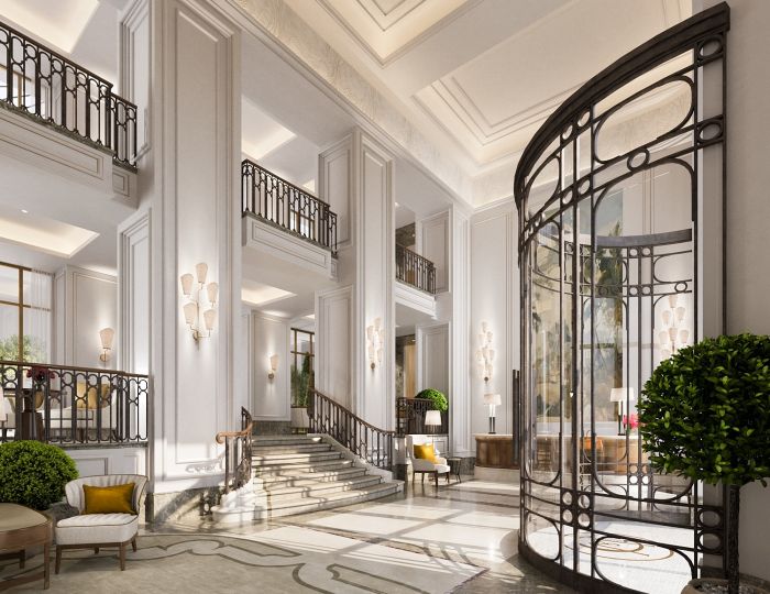 The neoclassical facade of the Corinthia Rome palazzo.