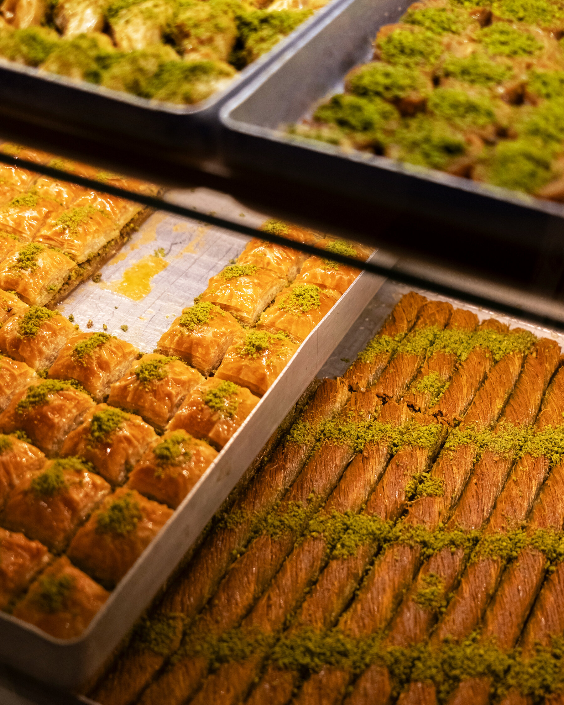 Trays of golden, honey-soaked baklava at a famous Istanbul shop.