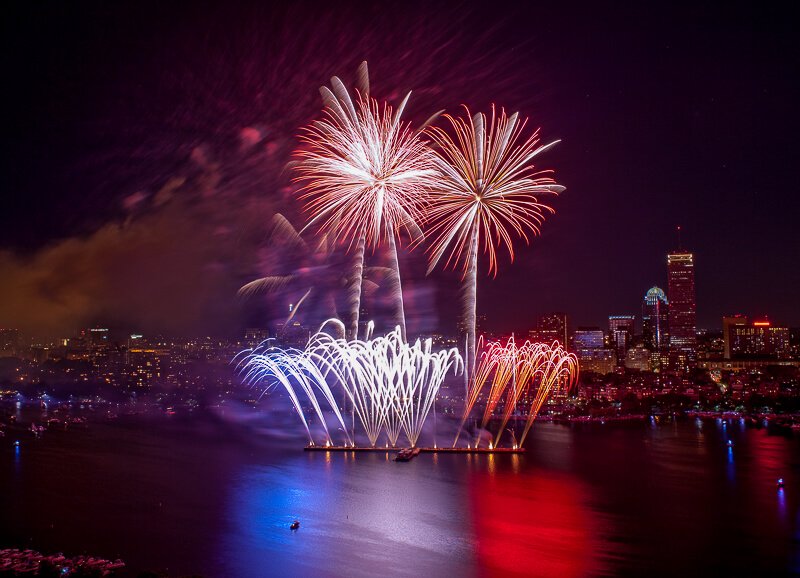 Bright white and gold fireworks reflecting on the surface of the Charles River at night.