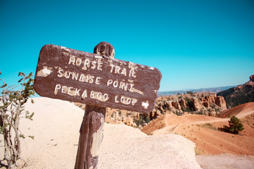 A trail sign for Peekaboo Loop standing in front of jagged orange hoodoos.