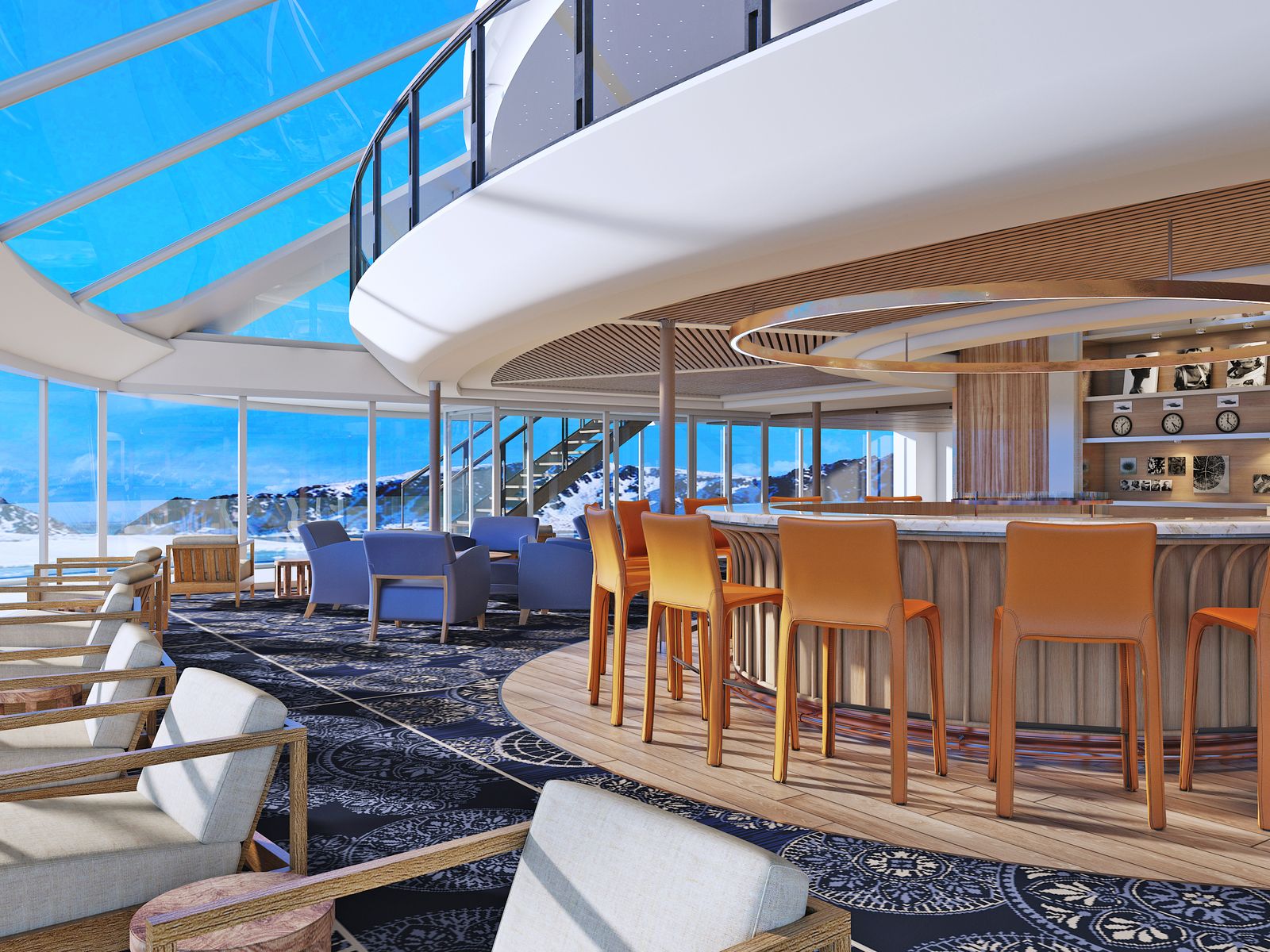 The modern, sleek interior of an expedition cruise ship lounge with large glass windows.