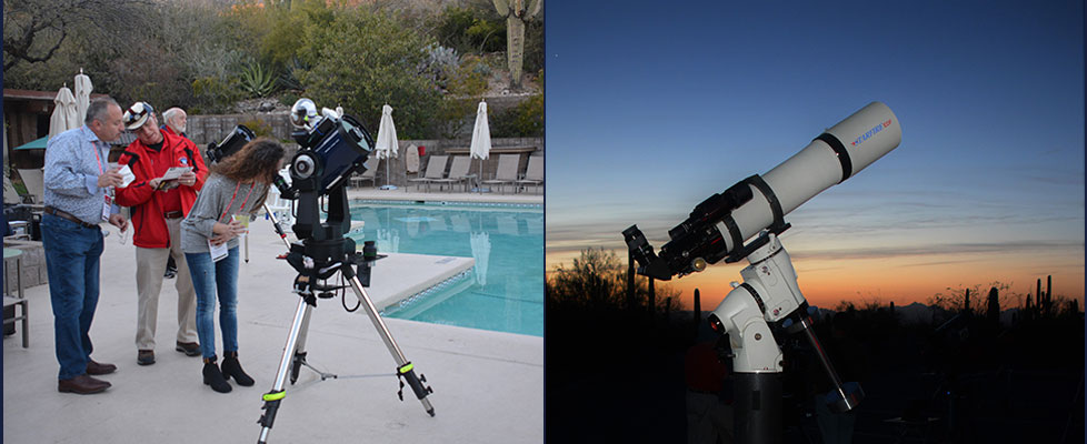 A row of various portable astronomical telescopes set up for public viewing during a star party.
