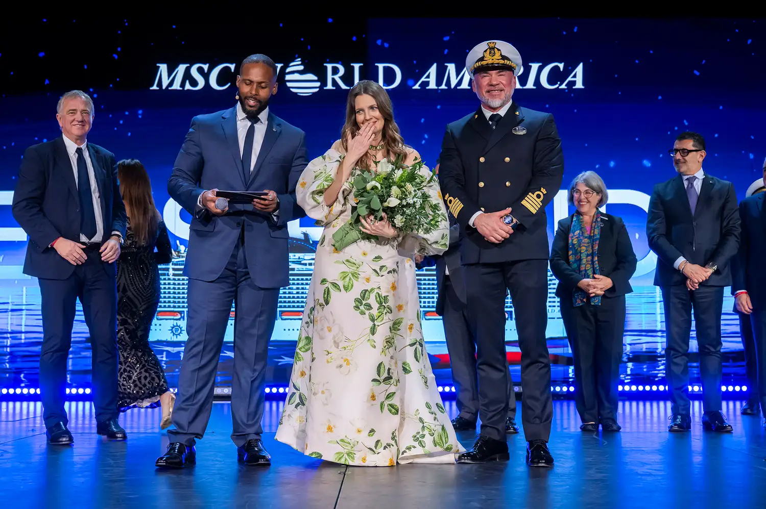 Drew Barrymore and ship officers at the MSC World America naming ceremony.