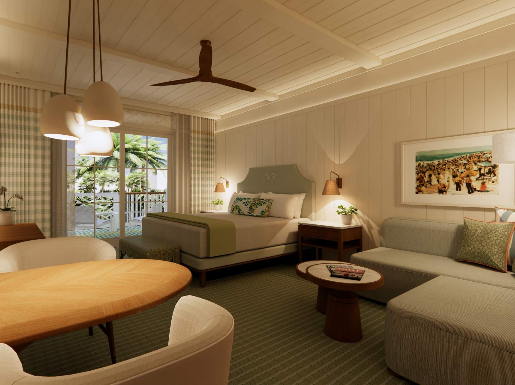 A bright, modern hotel room with light wood accents and coastal decor.