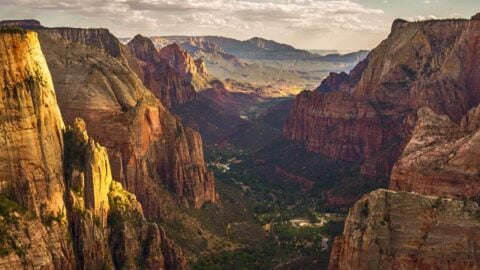 A wide-angle vista from Observation Point looking down the length of Zion Canyon.
