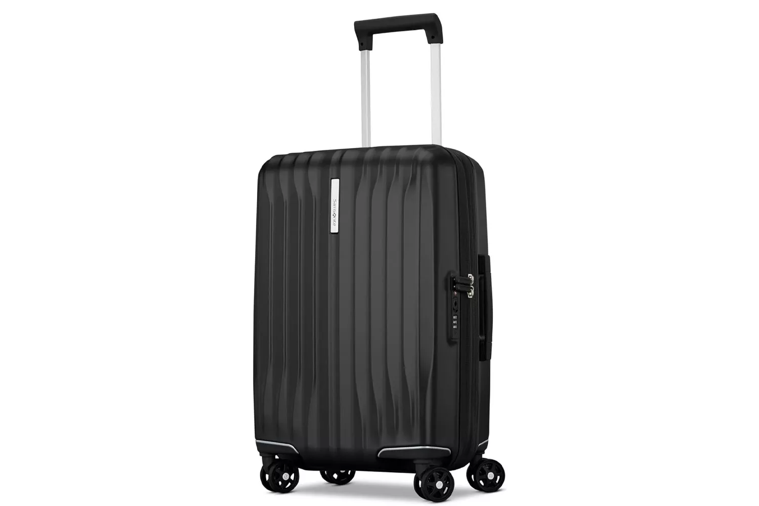 Phantom Black Samsonite UpLIFT hardside carry-on luggage standing upright.