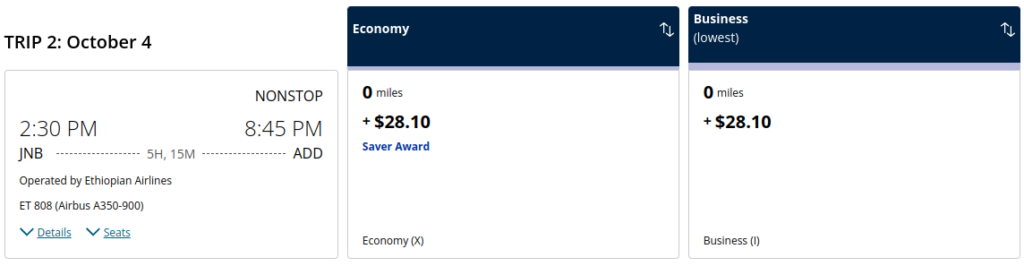 A United award booking screen for a Business Class flight showing a cost of zero miles.