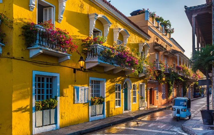 Vibrant and colorful colonial-style architecture in a Colombian city.
