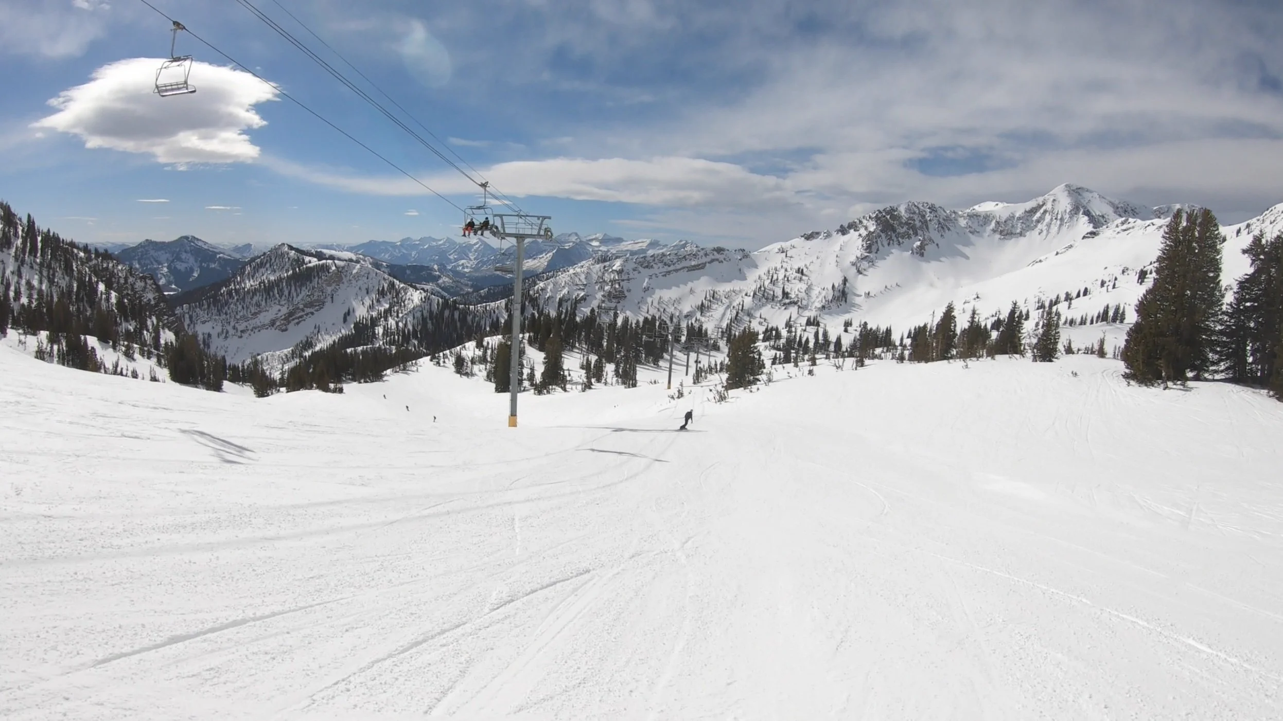 Rugged alpine peaks and snowy terrain at Snowbird resort in Utah.