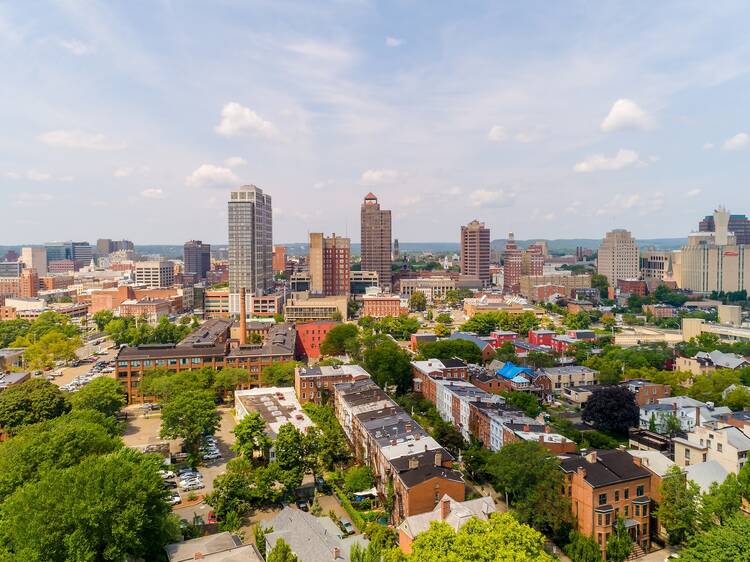 Architectural view of historic city buildings in New Haven, CT.