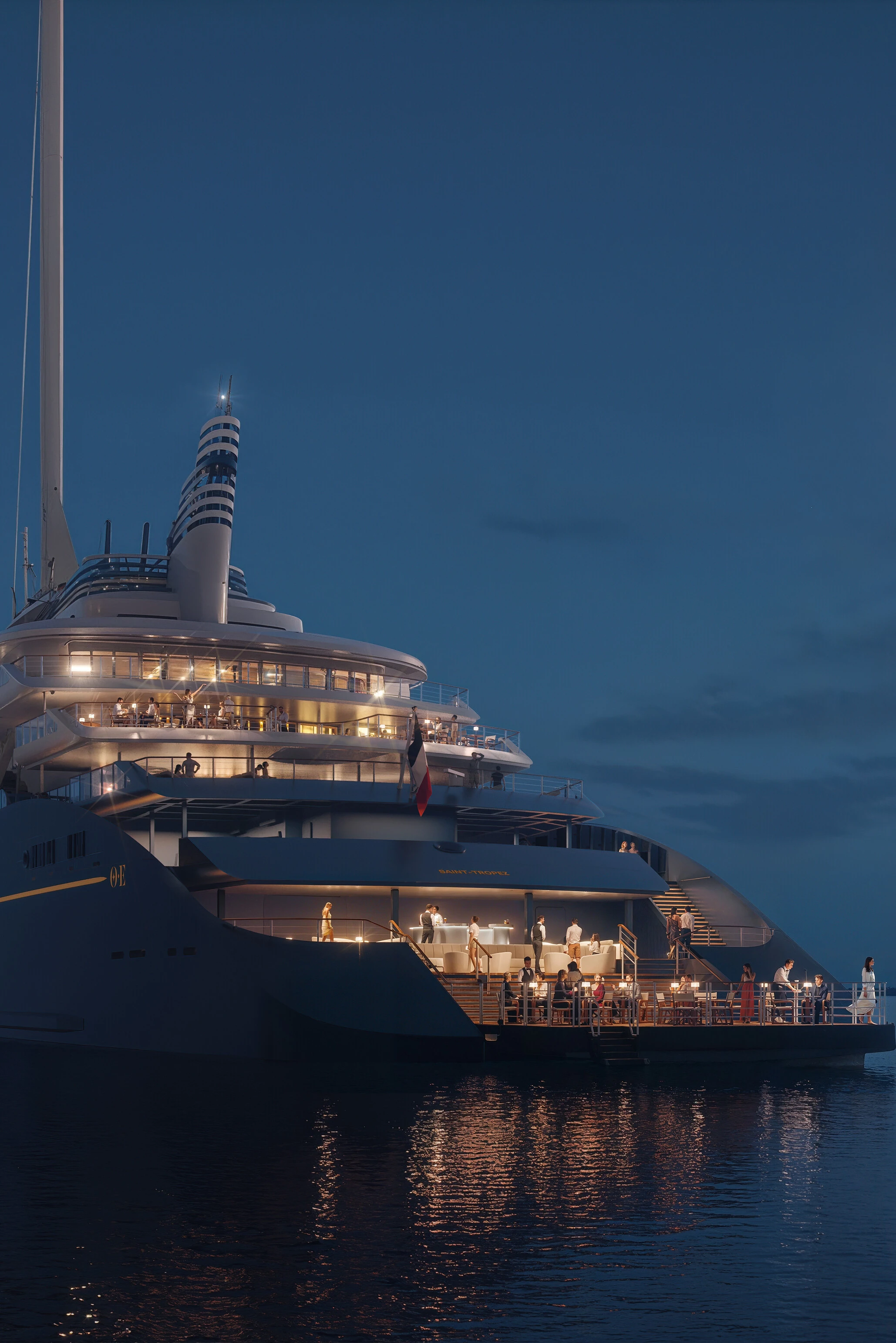 Luxury dining setting on the yacht deck with guests at sunset.