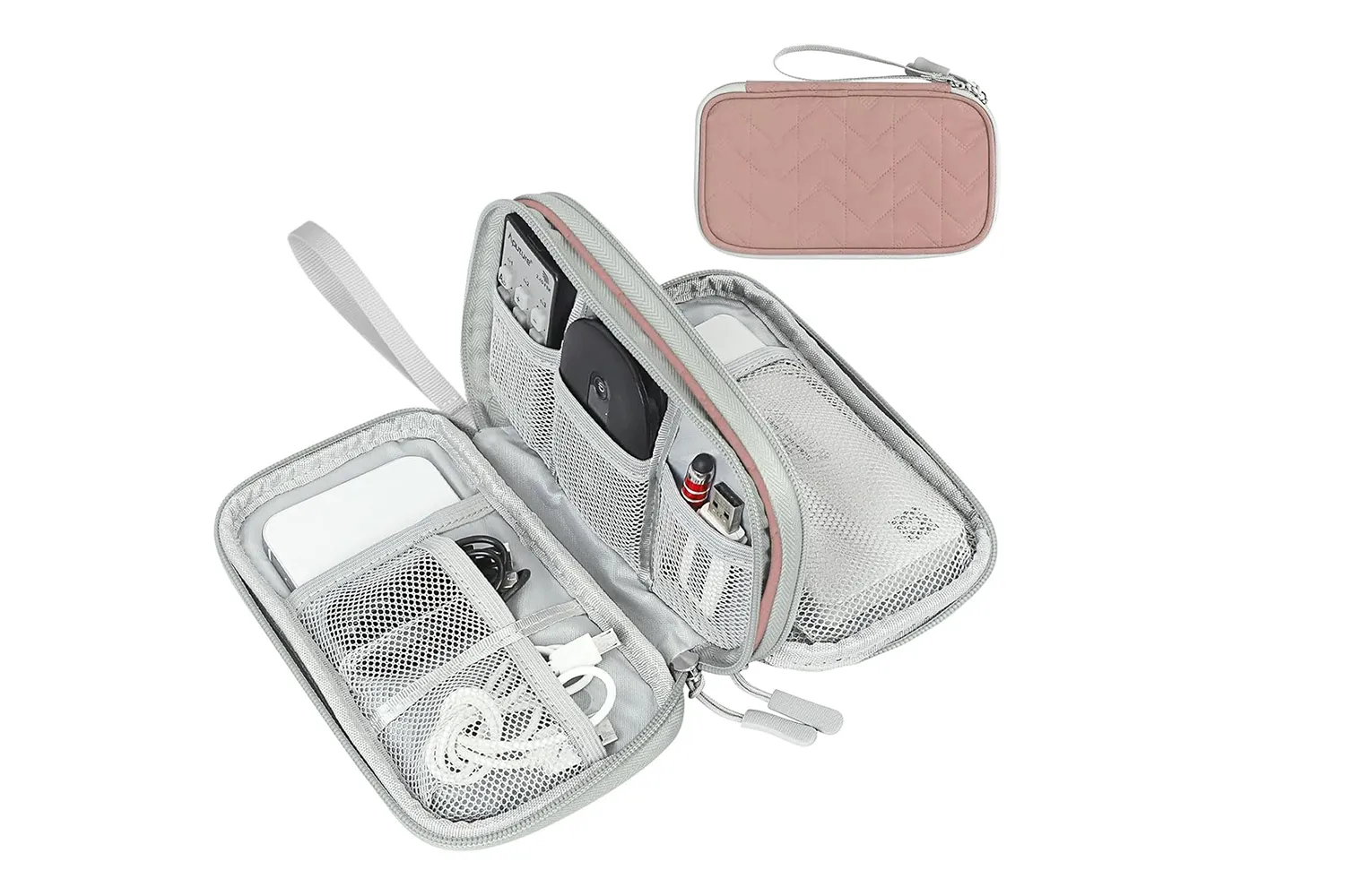 Black FYY travel cable organizer pouch shown open with various cords and accessories neatly tucked in.