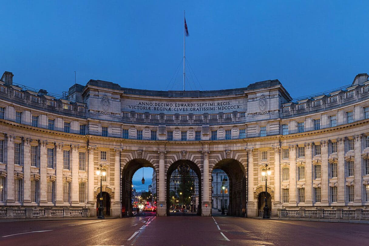 Exterior view of the historic Admiralty Arch monument in London.
